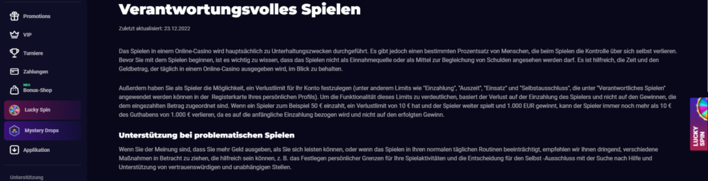 Verantwortungsvolles spielen textausschnit aus der homepage